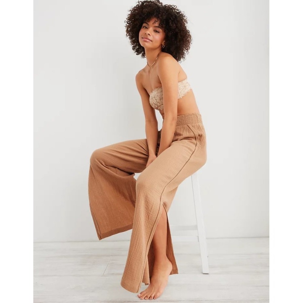 Aerie Wide Leg Gauze Pants Brown Smocked Waist Slit Pockets Small Petite